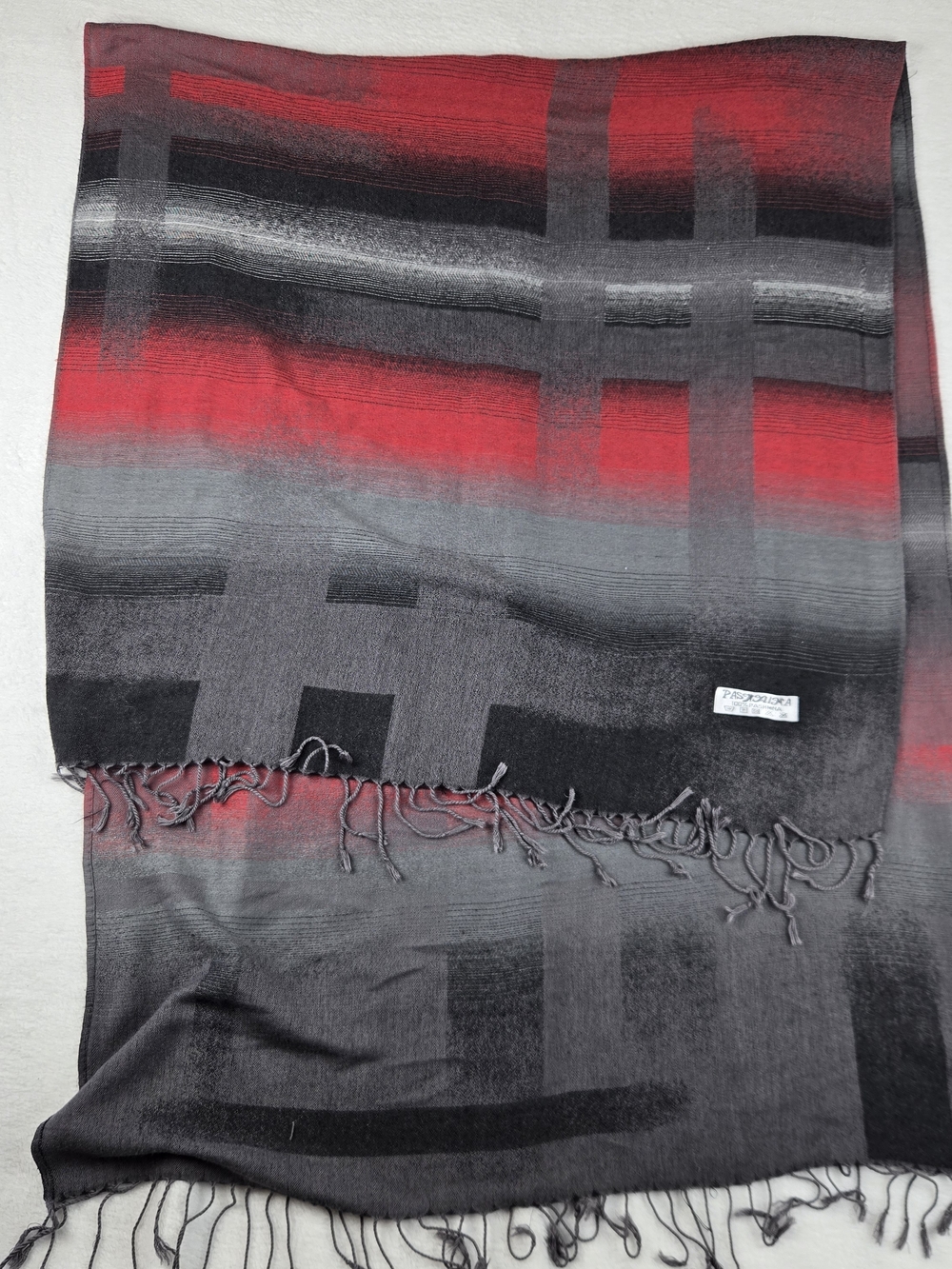 100% Pashmina Cashmere Scarf Shawl Gray Red Tassel Fringe